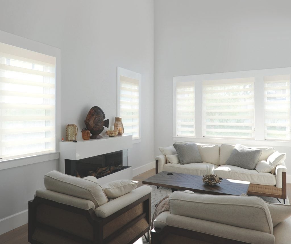 Showing an elegant living room with PerfectSheer shades and soft natural light.