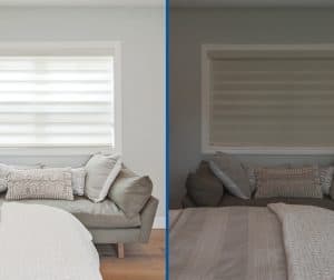 Showing PerfectSheer shades in open and closed positions for light and privacy control.