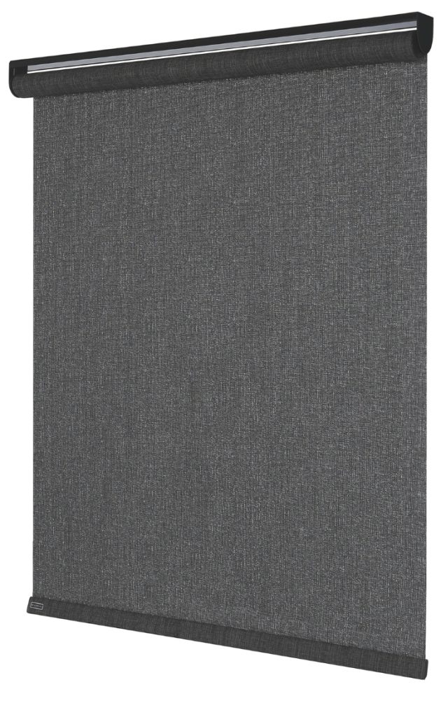 Showing charcoal blackout roller blind with textured fabric finish