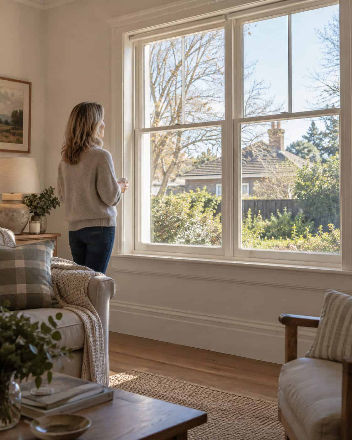 Woman standing at a large uncovered window in a Bowral living room, holding a coffee