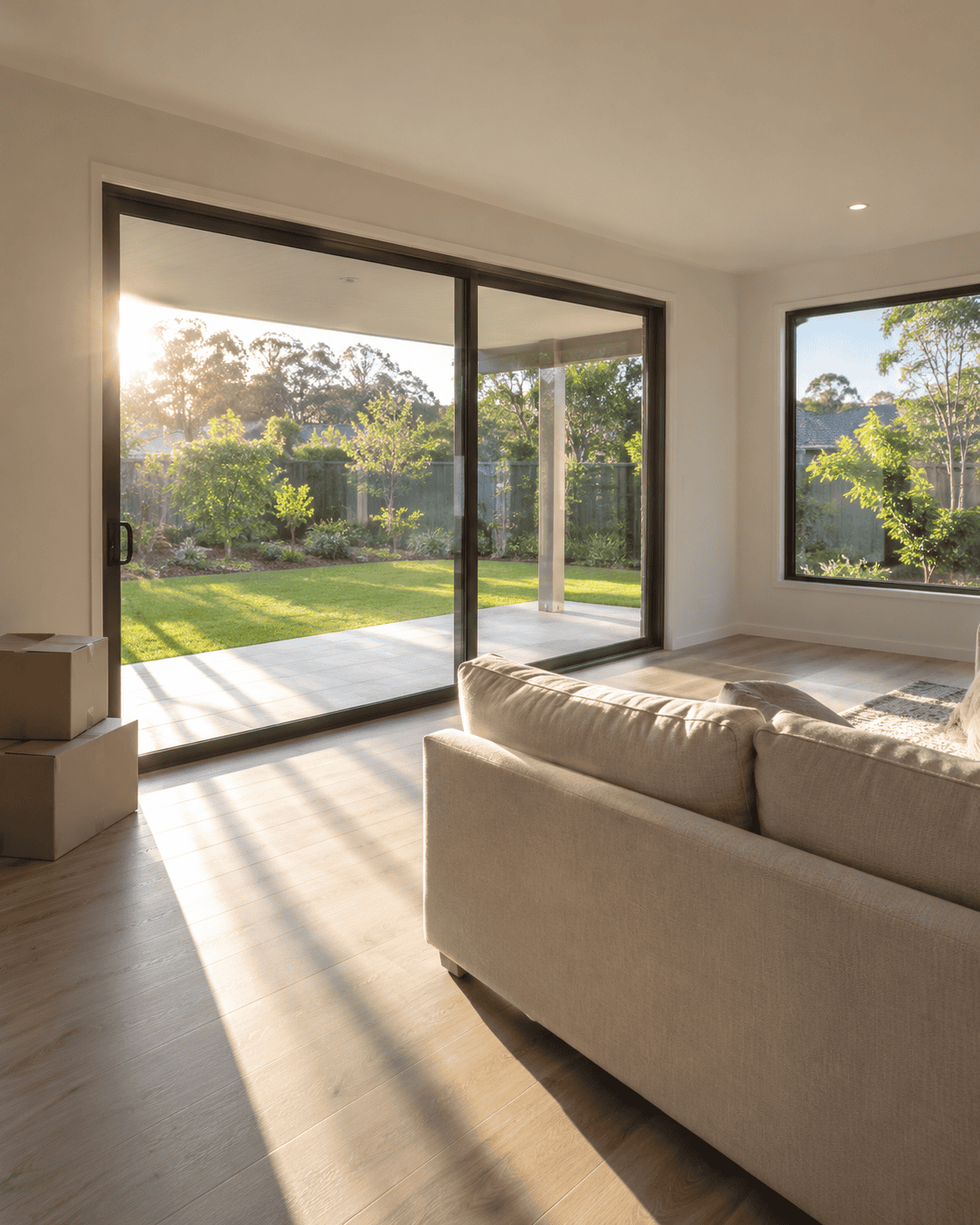 Bare sliding glass door and window in a new living room, with low morning sun across the floor and moving boxes